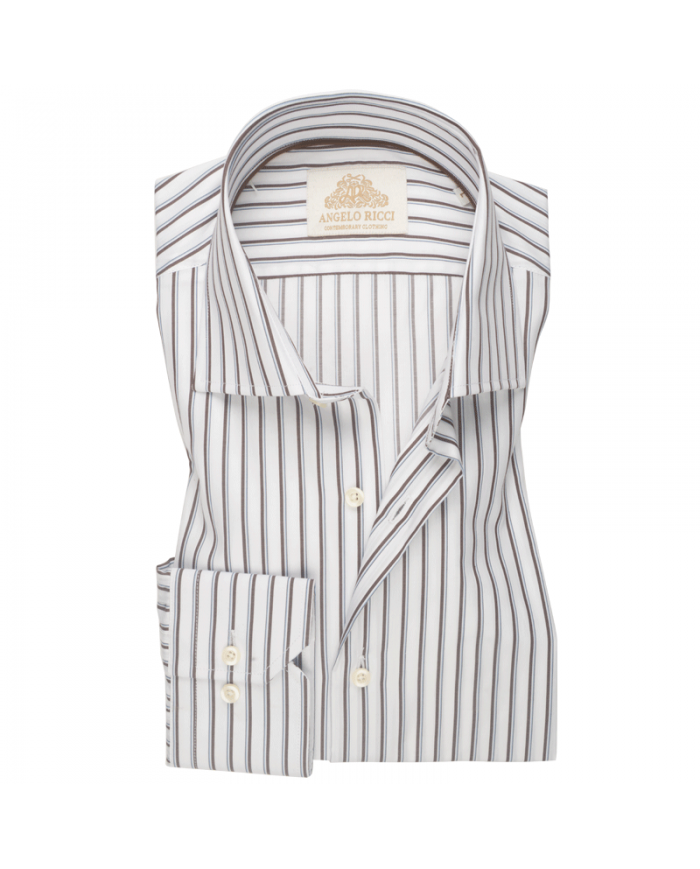 Angelo Ricci – Chemise Homme blanche à rayures bleu et marron en twill coton à manches longues coupe modern fit et Col classique – Blanc