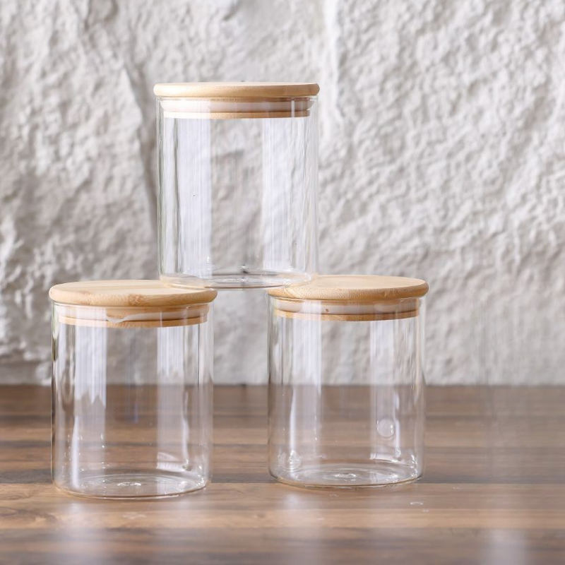 NEST - Lot de 3 Boîtes à Épices en Verre avec Couvercle Bambou avec Support - 250g 2