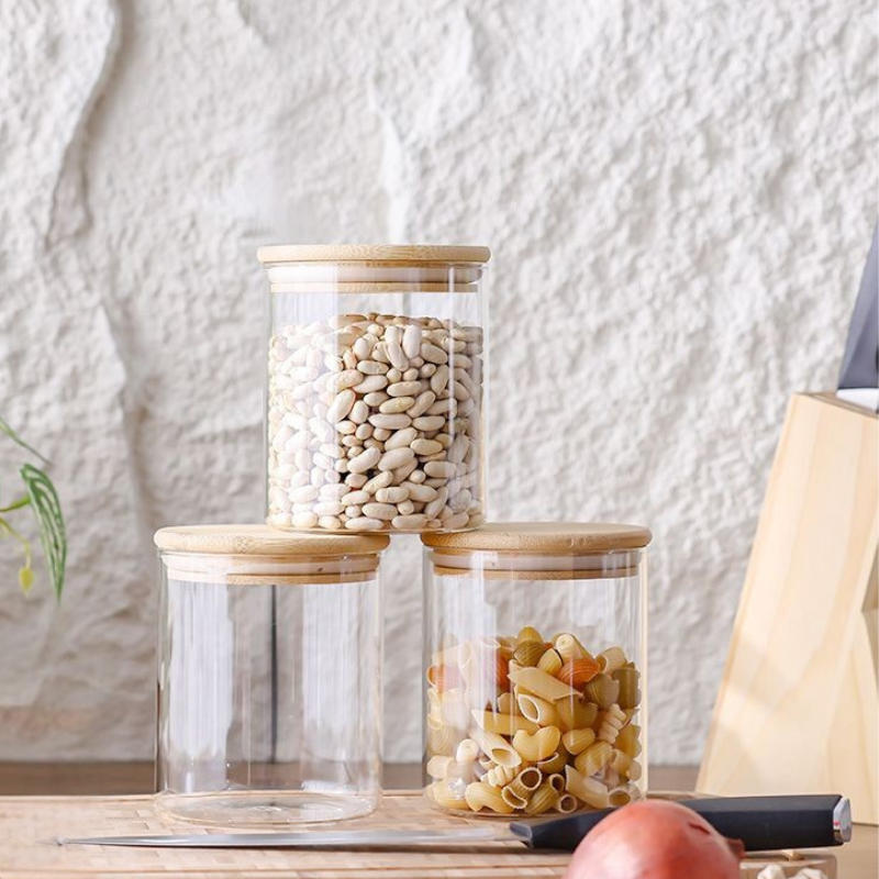 NEST - Lot de 3 Boîtes à Épices en Verre avec Couvercle Bambou avec Support - 250g 3