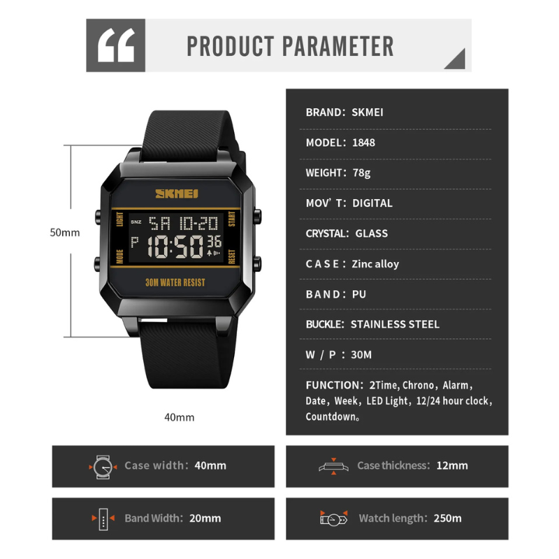 SKMEI - Montre Digitale Unisexe SKMEI 1848 Étanche 30M - Noir 2