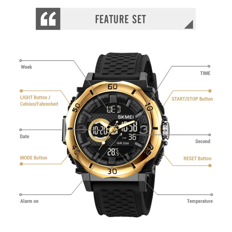 SKMEI - Montre Digitale SKMEI 2098 Sport Étanche 50M avec Thermomètre - Noir Doré 4
