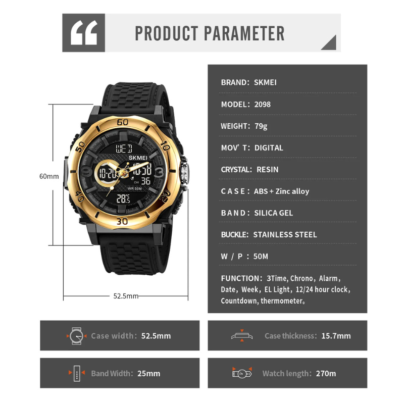 SKMEI - Montre Digitale SKMEI 2098 Sport Étanche 50M avec Thermomètre - Noir Doré 5