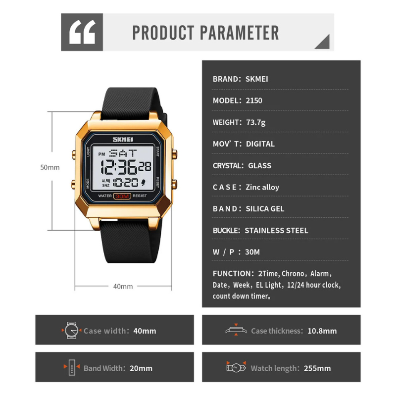 SKMEI - Montre Digitale SKMEI 2150 Étanche 30M - Noir Doré 3