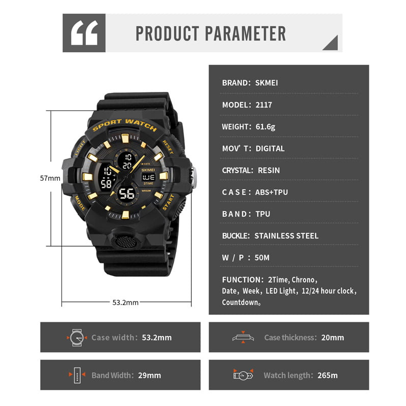 SKMEI - Montre Analogique & Digitale SKMEI 2117 Sport Tactique Étanche 50M - Noir Doré 4