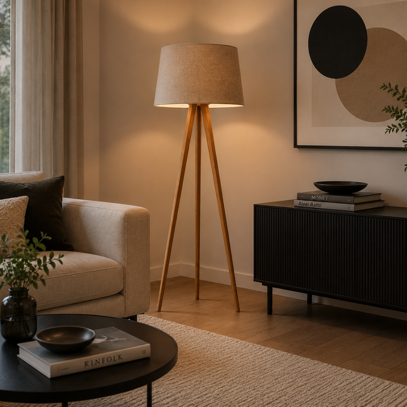LUMIZEN - Lampadaire Trépied en Bois avec Abat-jour - Tissu uni couleur Beige 2