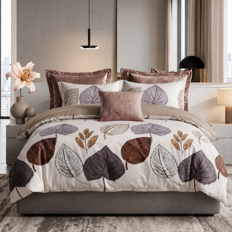 CASA NOVA – Parure de lit 2 places polycoton Motif Feuilles M3 – Violet
