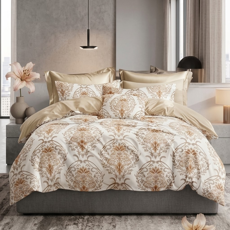 CASA NOVA – Parure de lit 2 places polycoton Motif Feuilles M5 – Beige
