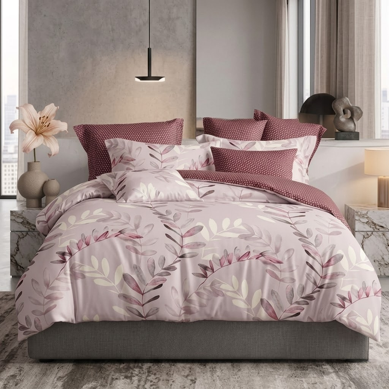 CASA NOVA – Parure de lit 2 places polycoton Motif Feuilles M7 – Violet