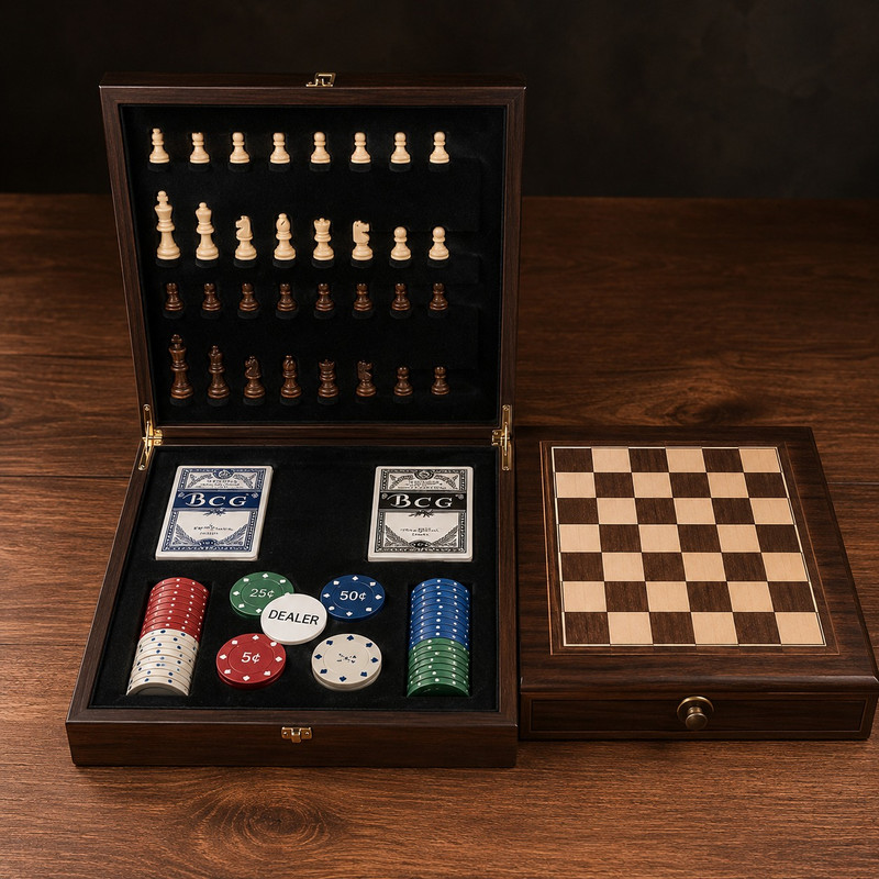 ARCADO – Coffret Poker Et Jeu D’Échecs En Bois