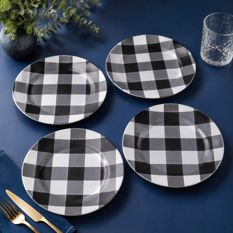 ARCADO – Lot De 4 Assiettes Plates À Motifs Carreaux Noir Et Blanc