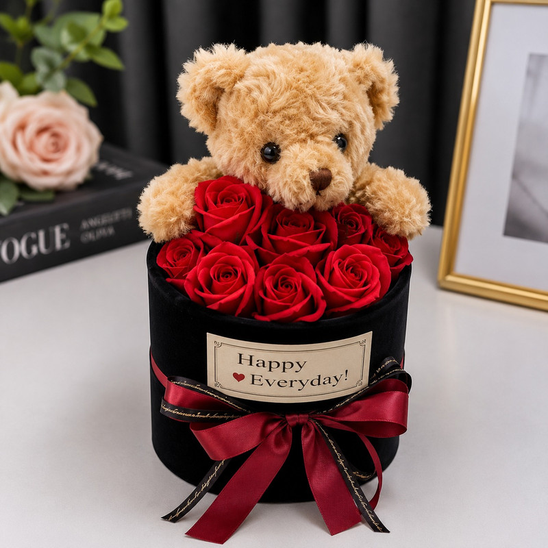 ARCADO â Coffret Cadeau Ours & Roses Ăternelles â Noir & Rouge
