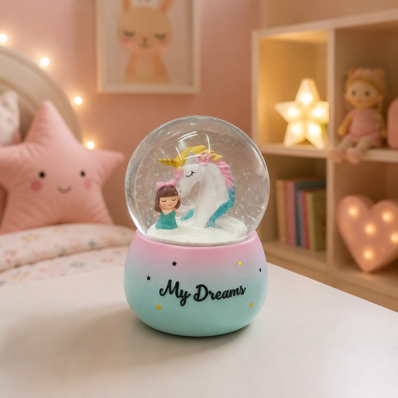 ARCADO – Boule à Neige Musicale GM Licorne Collection “My Dreams” – Bleu