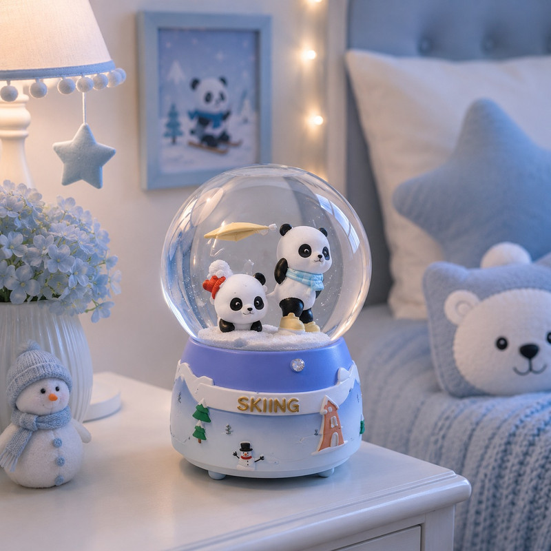 ARCADO – Boule à Neige Musicale et Lumineuse PM “Pandas au Ski” – Collection Winter Fun