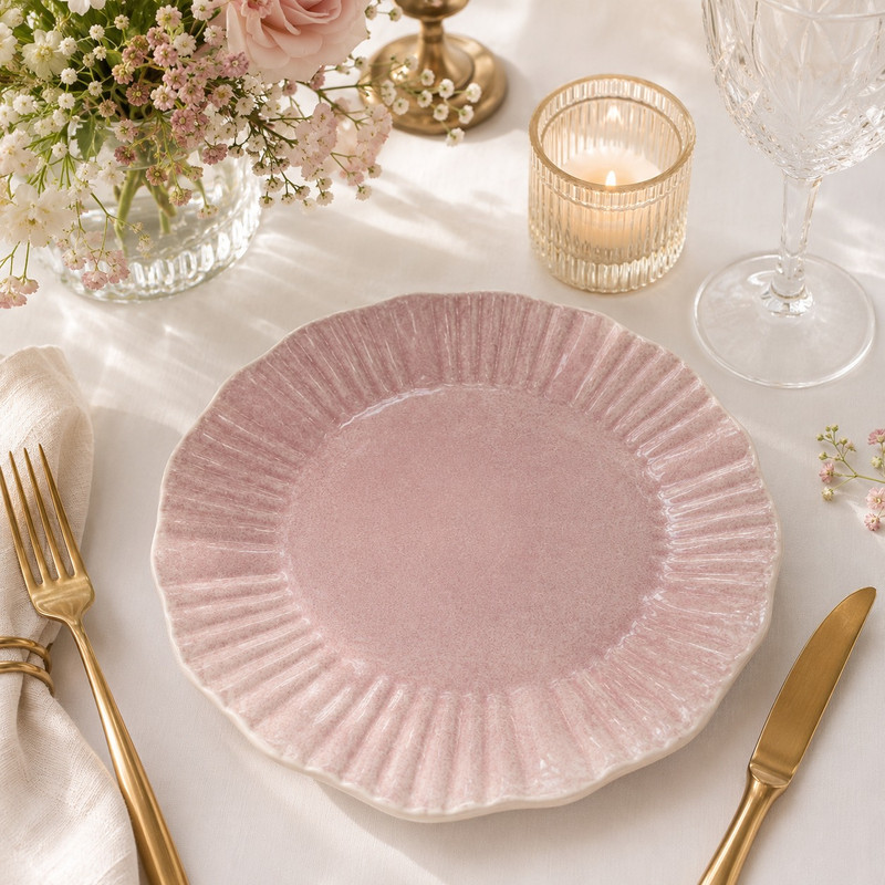 ARCADO – Grande Assiette en Céramique 26,5cm Émail “Brise Marine” à Bord Festonné Rose