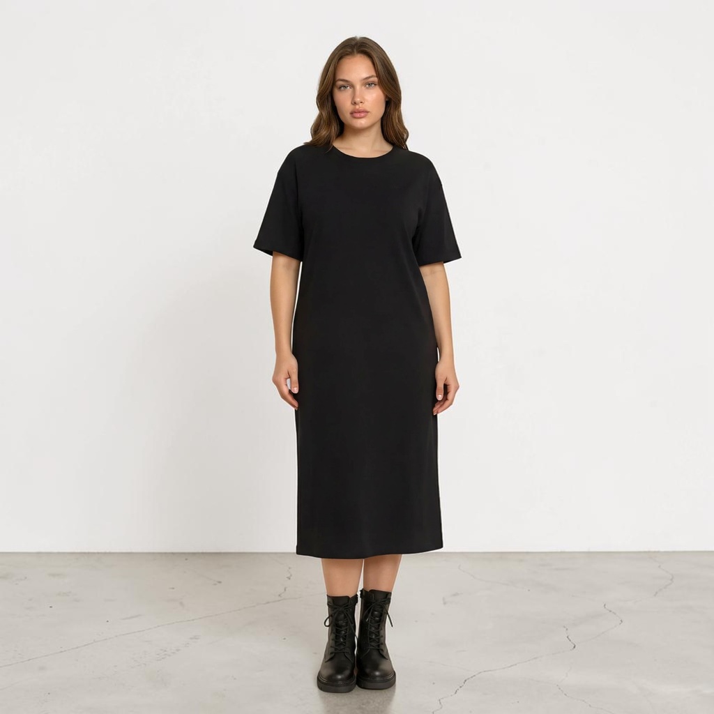 Kontakt – Robe maxi femme manches courtes avec broderie – Noir