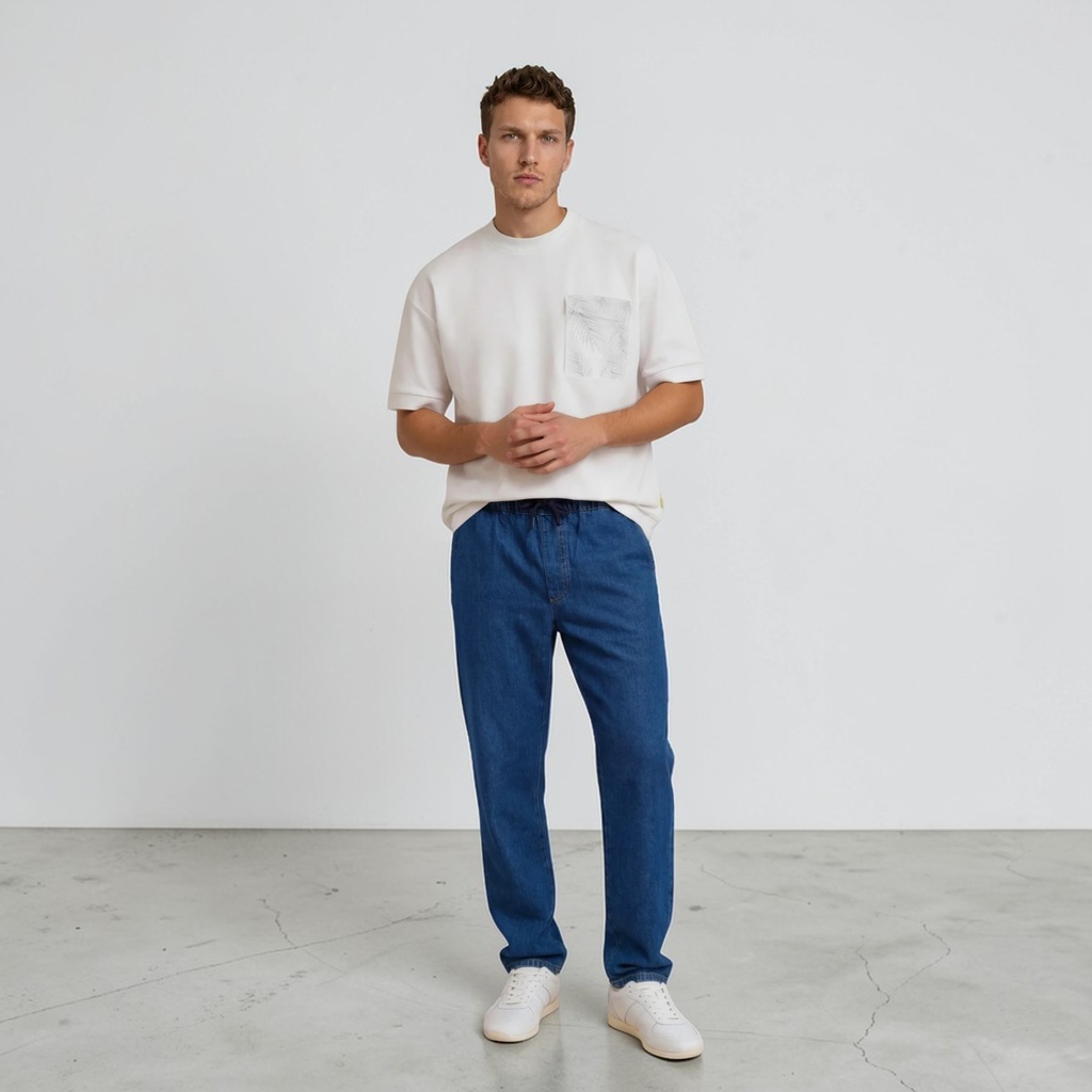 Kontakt – Sweat homme manches courtes avec poche soufflet imprimé feuille – Blanc