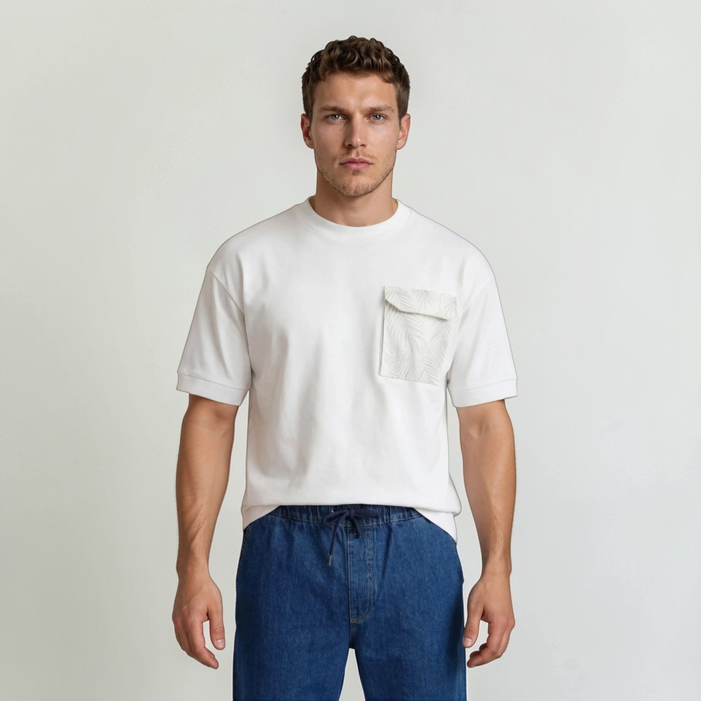 Kontakt - Sweat homme manches courtes avec poche soufflet imprimé feuille - Blanc 2
