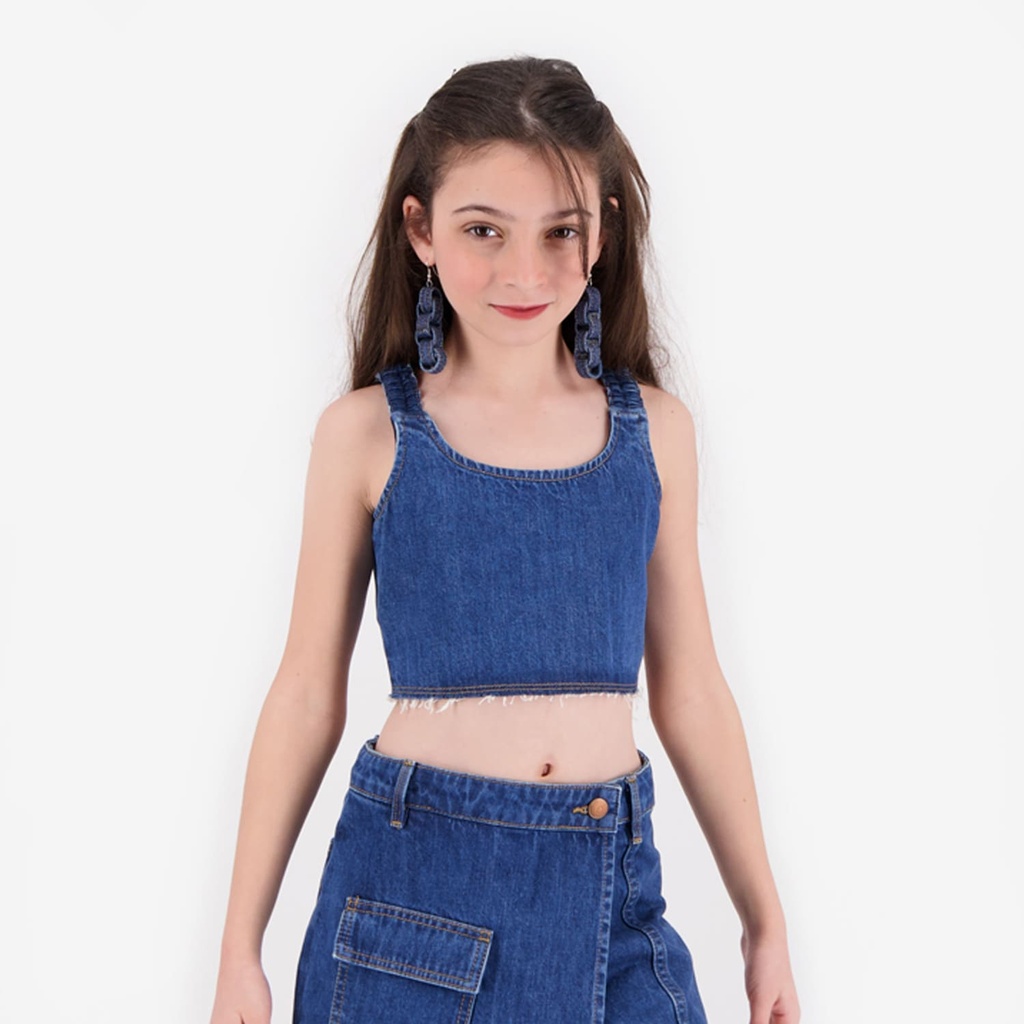 Kontakt – Top fille en jeans avec broderie papillon – Bleu Foncé