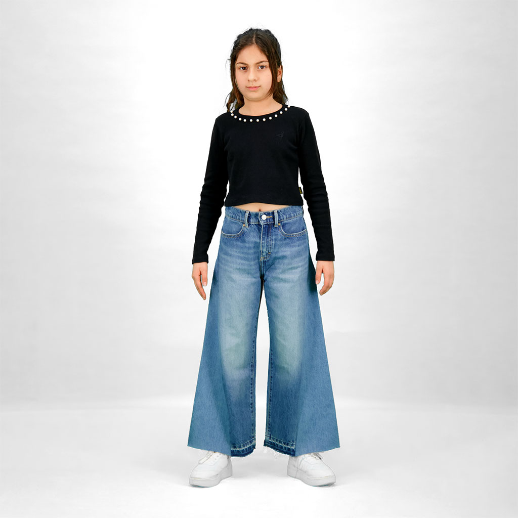 Kontakt – T-shirt crop fille manches longues avec perles – Noir