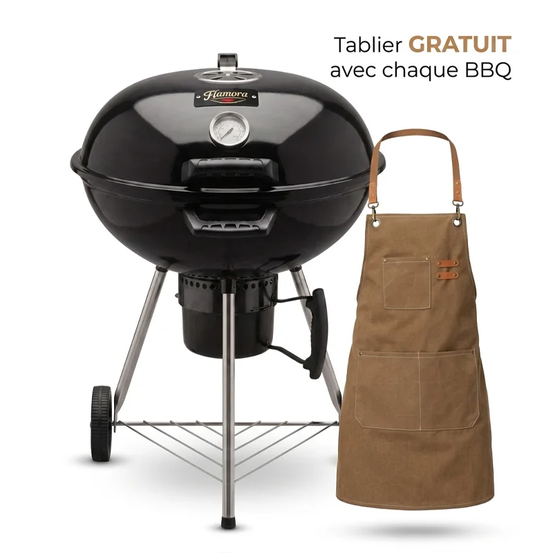 FLAMORA – Barbecue à charbon Cuve et couvercle en acier avec cendrier amovible et roues de transport – Noir