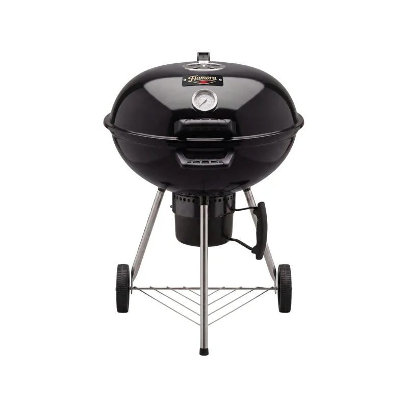 FLAMORA  - Barbecue à charbon Cuve et couvercle en acier avec cendrier amovible et roues de transport - Noir 2