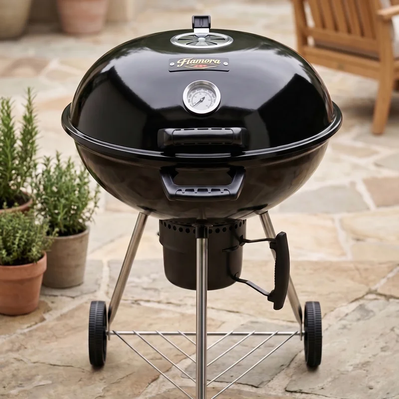 FLAMORA  - Barbecue à charbon Cuve et couvercle en acier avec cendrier amovible et roues de transport - Noir 5