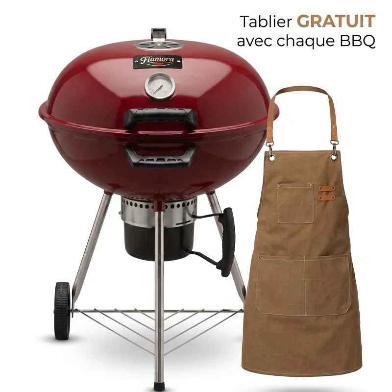 FLAMORA – Barbecue à charbon Cuve et couvercle en acier avec cendrier amovible et roues de transport – Rouge