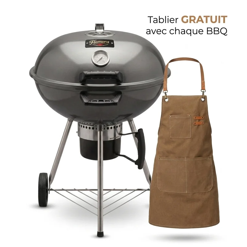 FLAMORA – Barbecue à charbon Cuve et couvercle en acier avec cendrier amovible et roues de transport – Gris