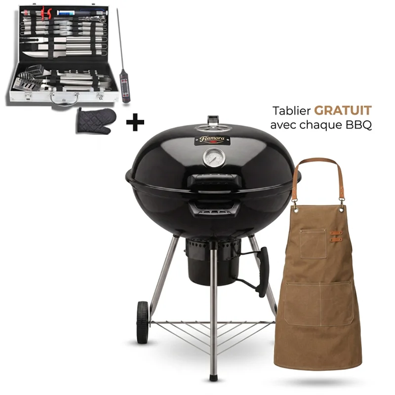 FLAMORA – Pack Barbecue & Accessoires – Barbecue à Charbon 43,5 cm avec Thermomètre Plus Kit BBQ 32 Pièces – Noir