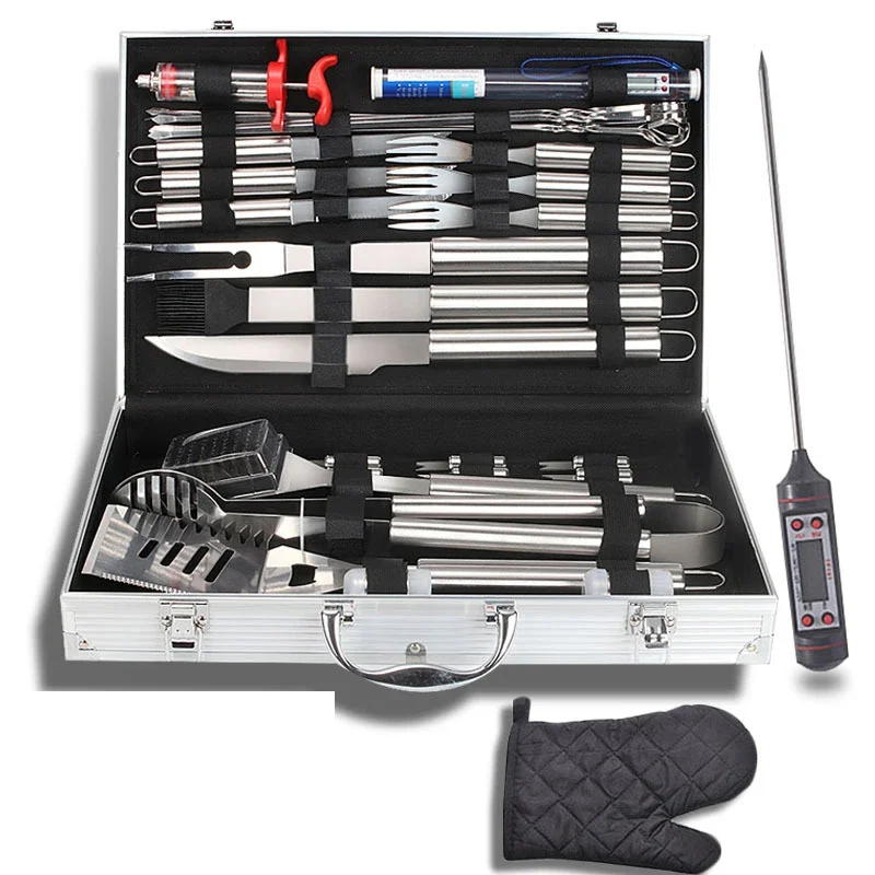 FLAMORA – Kit professionnel d’ustensiles de barbecue 32 pièces avec boîte en aluminium