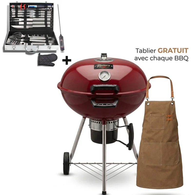 FLAMORA – Pack Barbecue & Accessoires – Barbecue à Charbon 43,5 cm avec Thermomètre Plus Kit BBQ 32 Pièces – Rouge