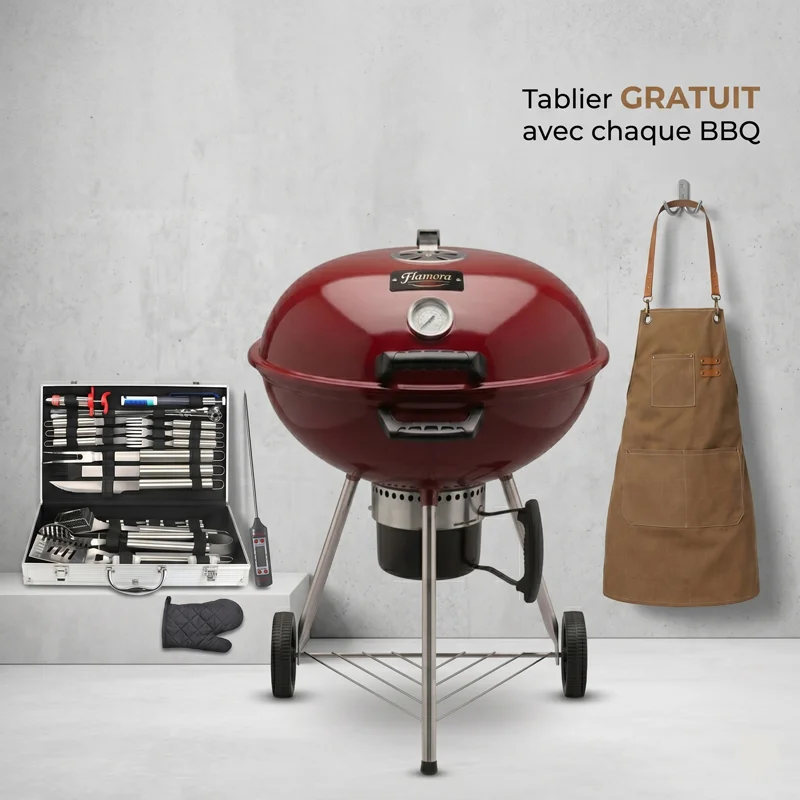 FLAMORA  - Pack Barbecue & Accessoires - Barbecue à Charbon 43,5 cm avec Thermomètre Plus Kit BBQ  32 Pièces - Rouge 2