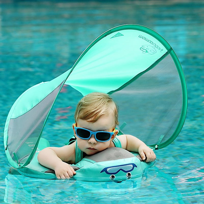 Mambobaby – Bouée Bébé avec Capote Pare-Soleil – Flotteur Sans Gonflage – Bleu