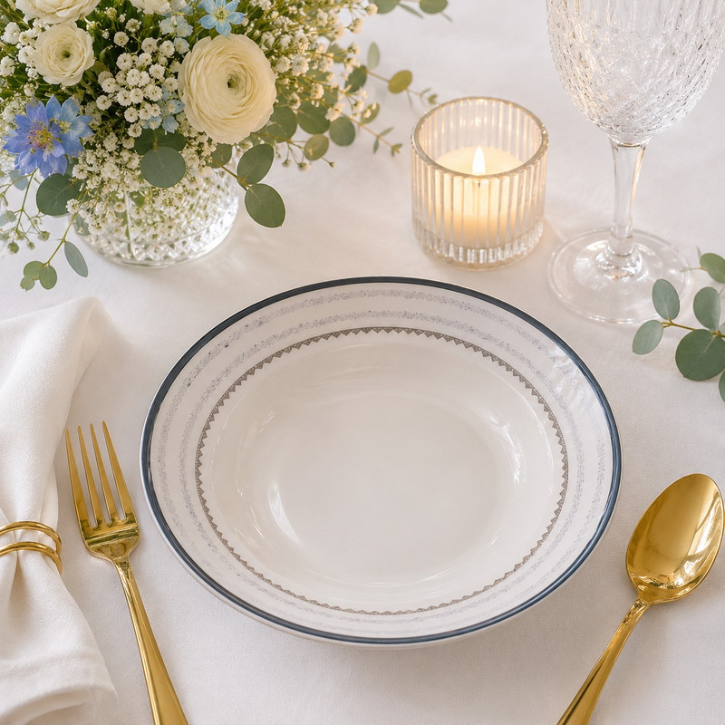 ARCADO - Service à Table en Porcelaine Royale Blanche 20 Pièces - Bleu et Or 2
