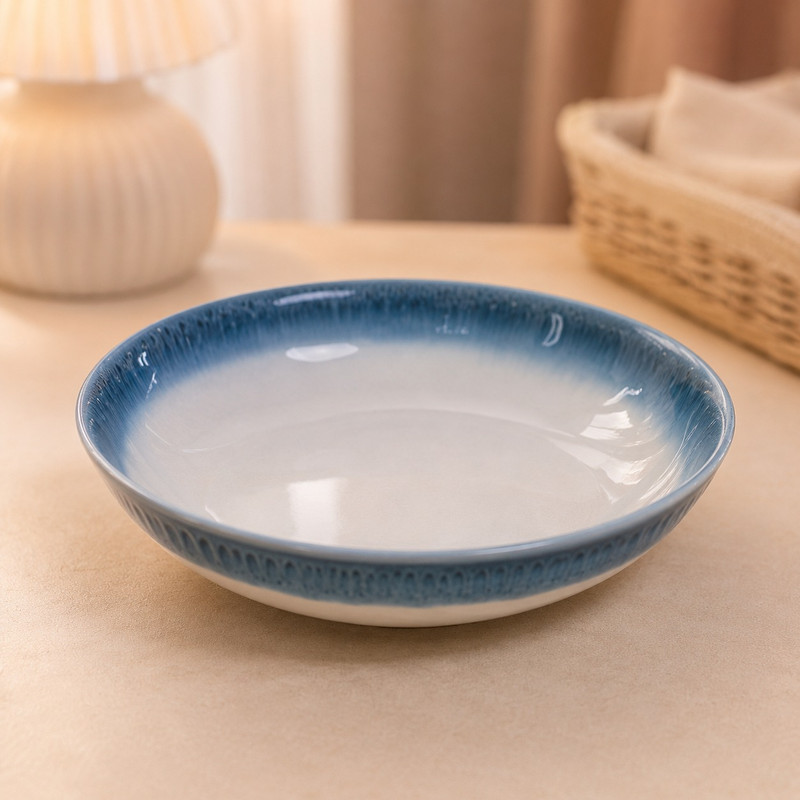 ARCADO - Service à Table en Céramique Blanc et Liseré Bleu Océan 16 Pièces 2