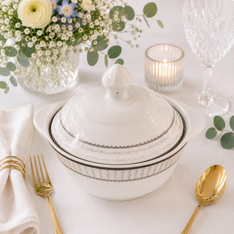 ARCADO - Service à Table en Porcelaine Royale Blanche 20 Pièces - Bleu et Or 3