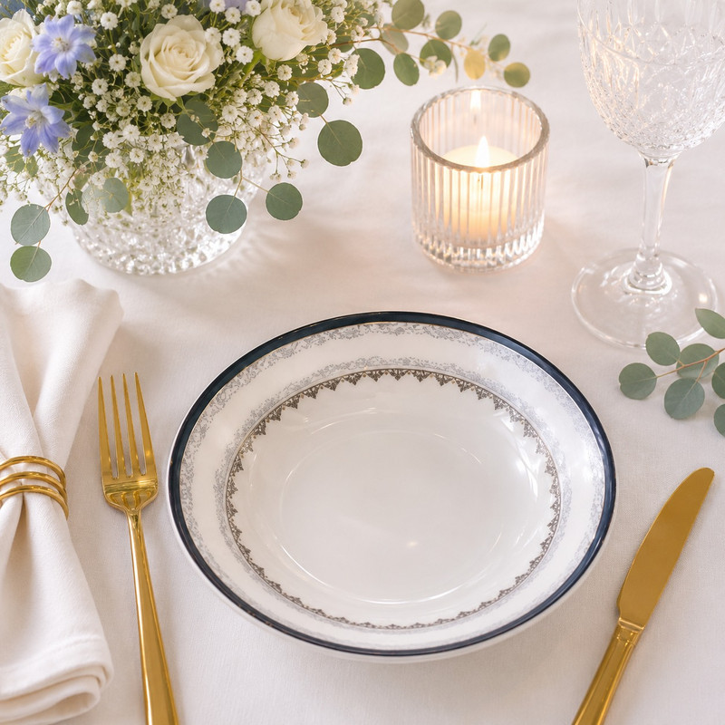 ARCADO - Service à Table en Porcelaine Royale Blanche 20 Pièces - Bleu et Or 4