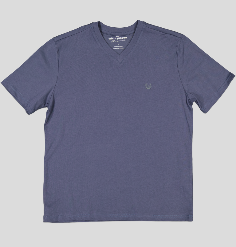 White Pigeon - TSHIRT HOMME 100% COTON COL V - BLEU INDIGO 3