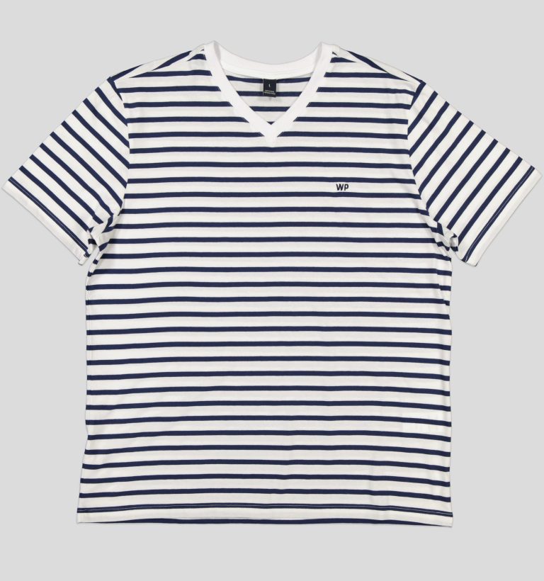 White Pigeon - TSHIRT HOMME COL V EN JERSEY RAYE 100 % COTON - Blanc Rayé 2
