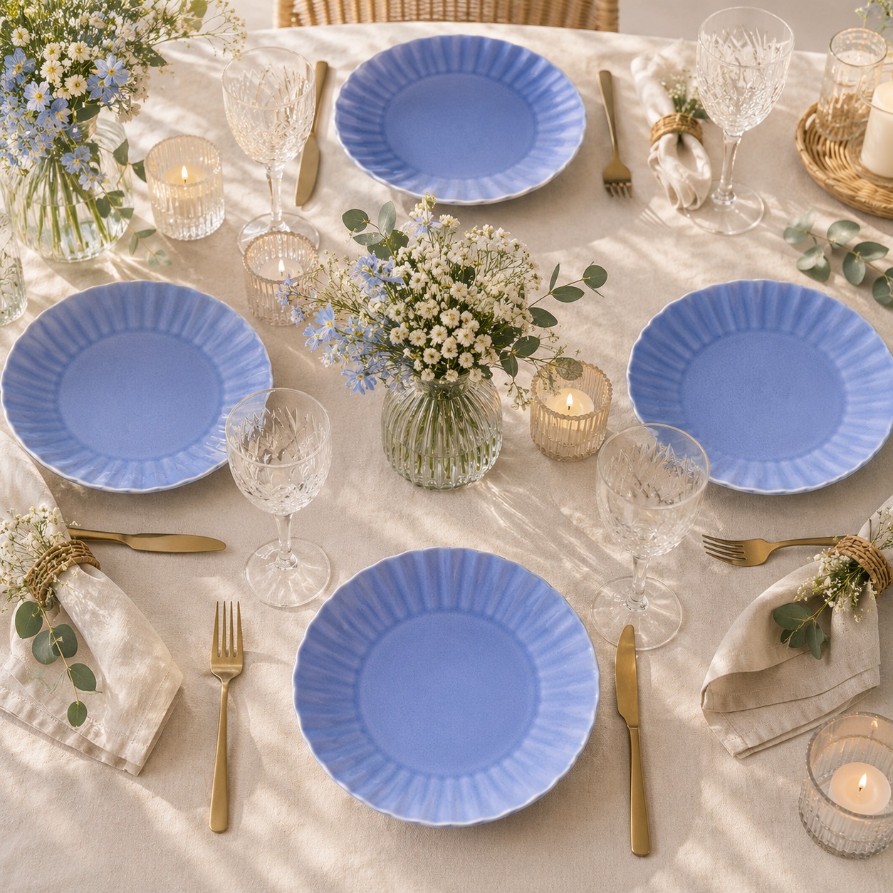 ARCADO – Lot De 4 Assiettes en Céramique 26,5cm Émail “Brise Marine” à Bord Festonné Bleu