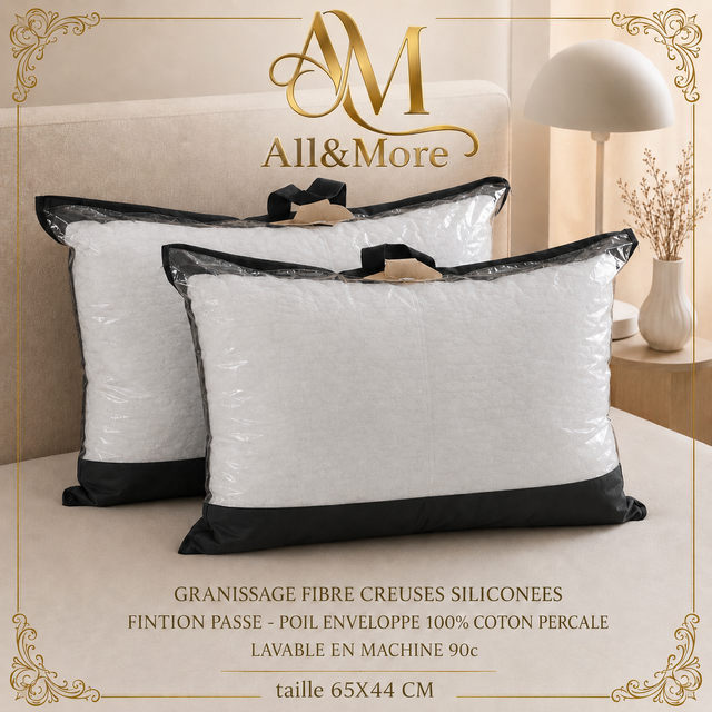 All&More – Lot de 2 oreillers douceurs en fibre – 1kg – 65x45cm