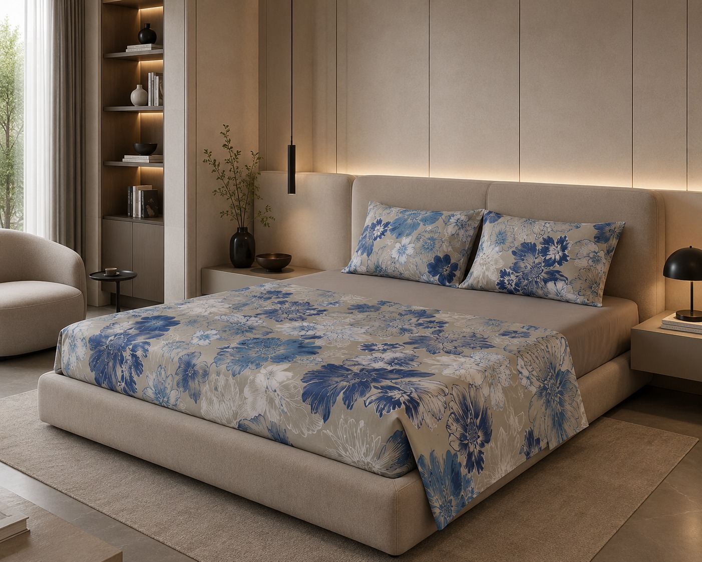 All&More – Parure De Lit 2 Places Motif Floral – Greige & Bleu