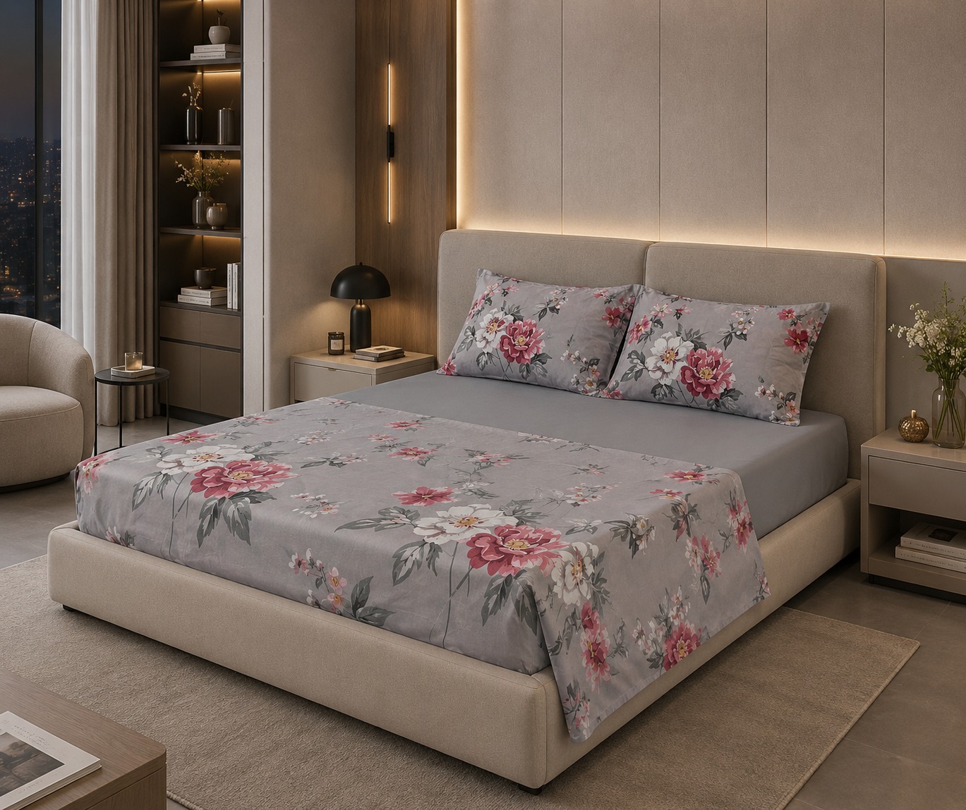 All&More – Parure De Lit 2 Places Motif Floral – Gris & Rose