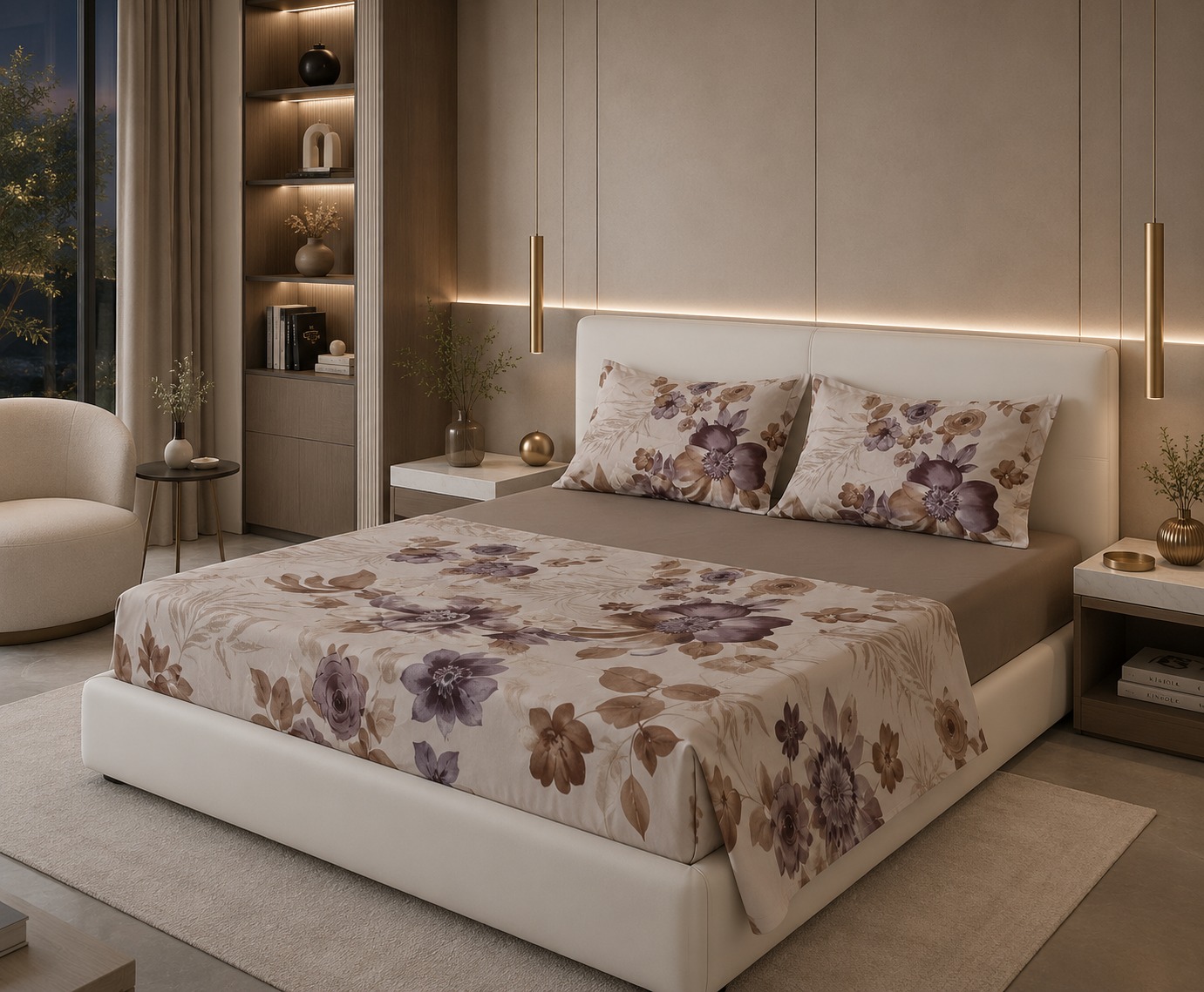 All&More – Parure De Lit 2 Places Motif Floral – Beige & Violet