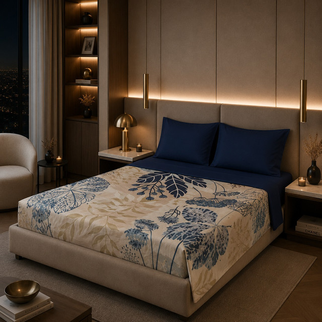 Mariam Collection – Parure de Lit 2 Places 100% Coton MAR015 – Bleu Foncé