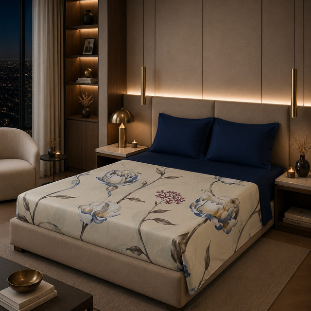 Mariam Collection – Parure de Lit 2 Places 100% Coton MAR017 – Bleu Foncé