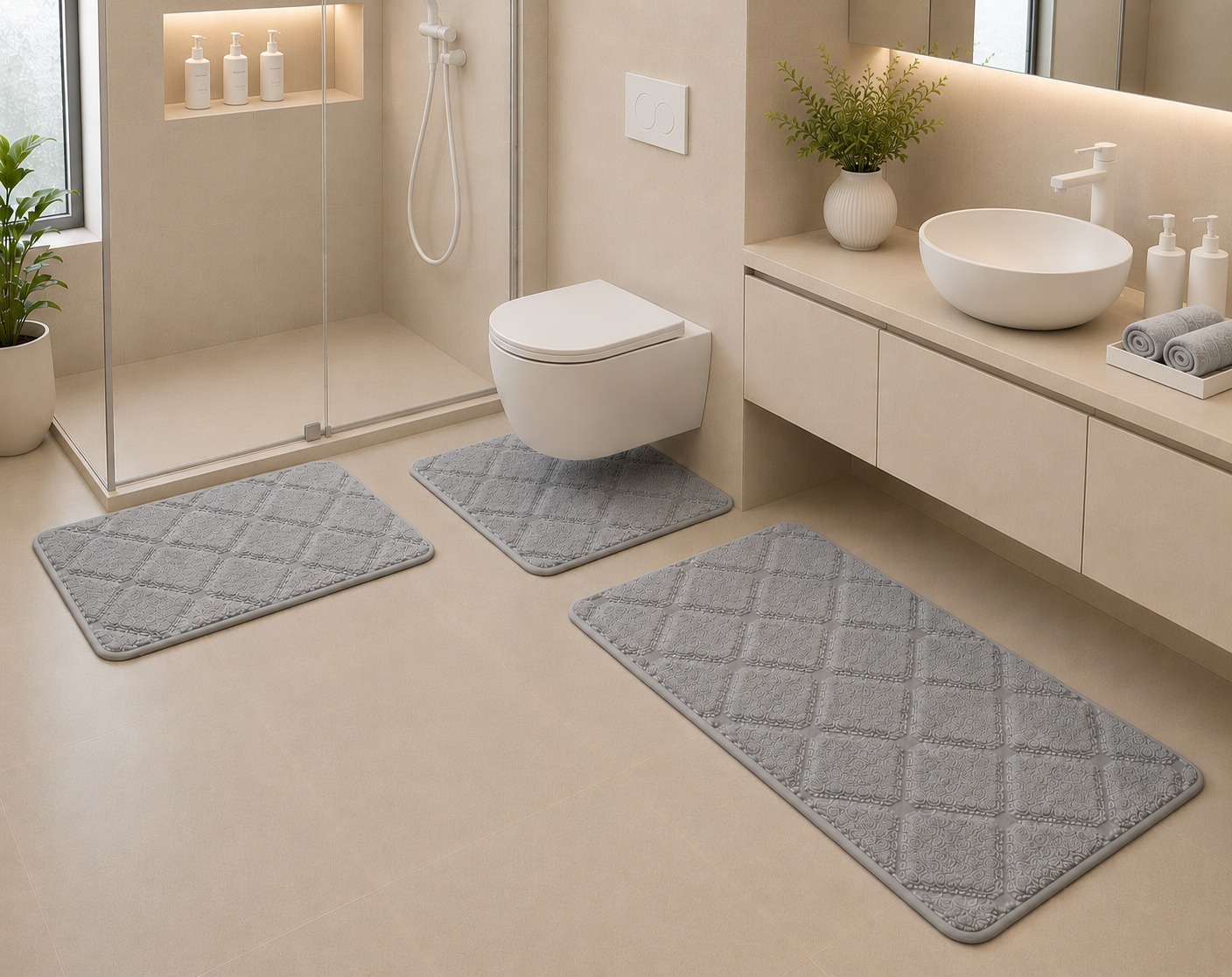 Bubbles – Tapis Salle Bain 3 Pièces – Gris