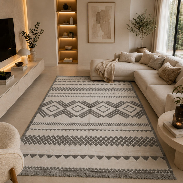 All&More – Margoum Moderne Style Berbère Géométrique 2M x 3M – Beige & Gris