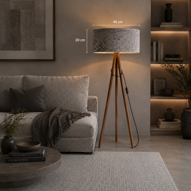 LUMIZEN – Lampadaire Scandinave en Bois – Tissu Peluche Coloris Gris