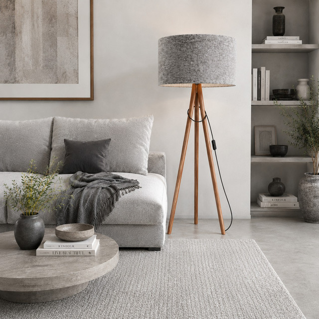 LUMIZEN - Lampadaire Scandinave en Bois - Tissu Peluche Coloris Gris 2